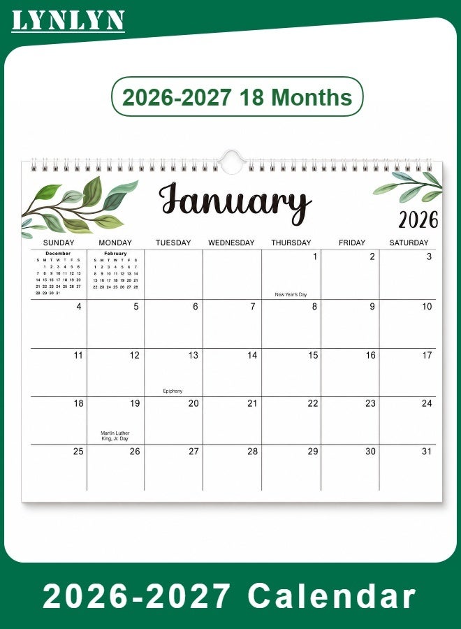 LYNLYN 2026-2027 Wall Calendar, 18 Month Botanical Hanging Calendar, Jan 2026 to Jun 2027 Monthly Planner, Spiral Bound Calendar with Large Writing Blocks for Home Office School (35.6*28 CM) - Image 1