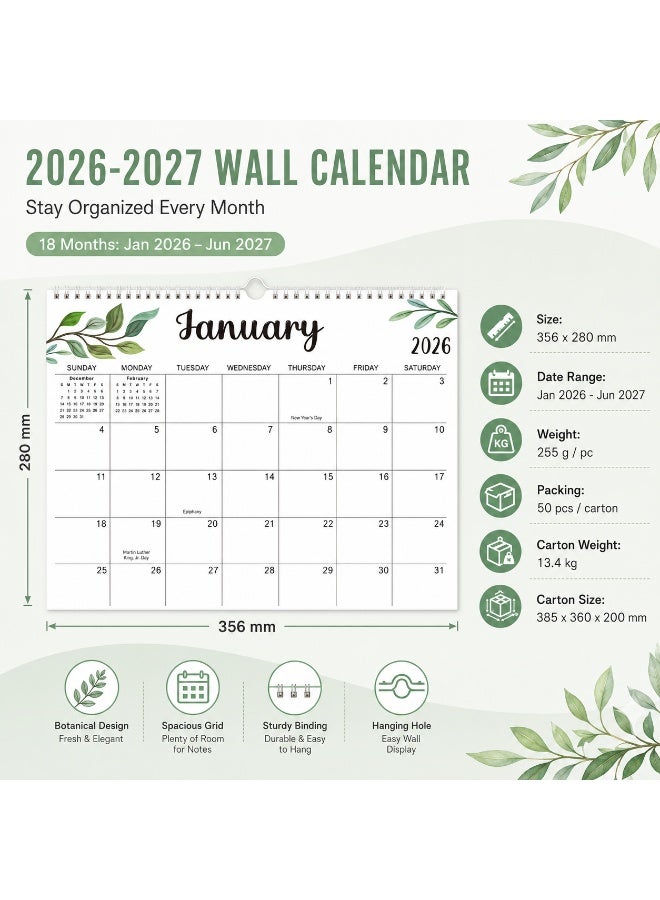 LYNLYN 2026-2027 Wall Calendar, 18 Month Botanical Hanging Calendar, Jan 2026 to Jun 2027 Monthly Planner, Spiral Bound Calendar with Large Writing Blocks for Home Office School (35.6*28 CM) - Image 2