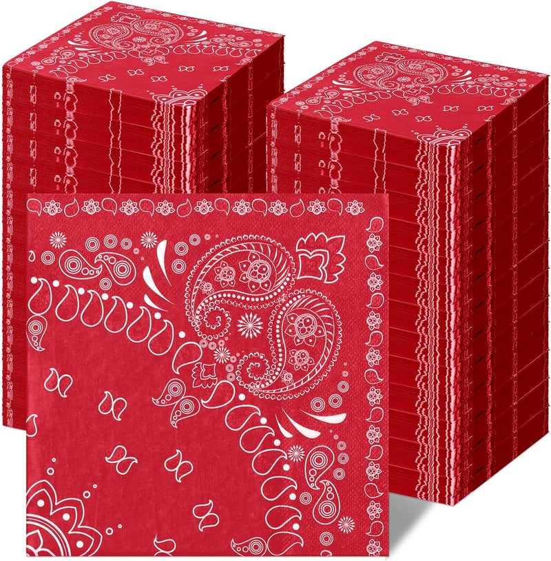 Teling Teling 200 Pcs 2 Ply Red Bandana Paper Napkins Western Party Napkins Bulk Disposable Paisley Print Bandana Napkin for Western Cowboy Theme Birthday Party Supplies Dinner Lunch 63  63  - Image 1