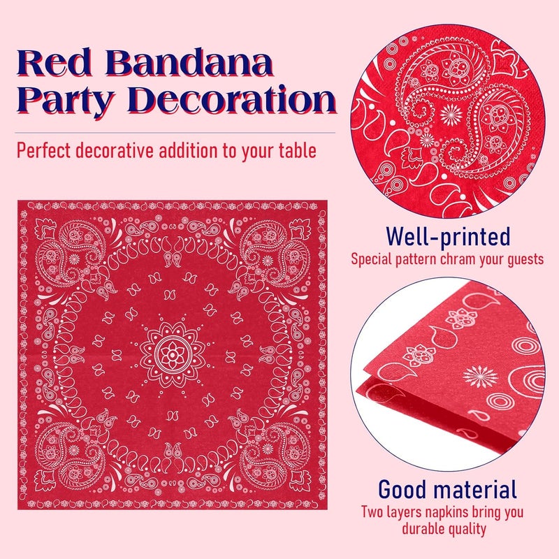 Teling Teling 200 Pcs 2 Ply Red Bandana Paper Napkins Western Party Napkins Bulk Disposable Paisley Print Bandana Napkin for Western Cowboy Theme Birthday Party Supplies Dinner Lunch 63  63  - Image 3