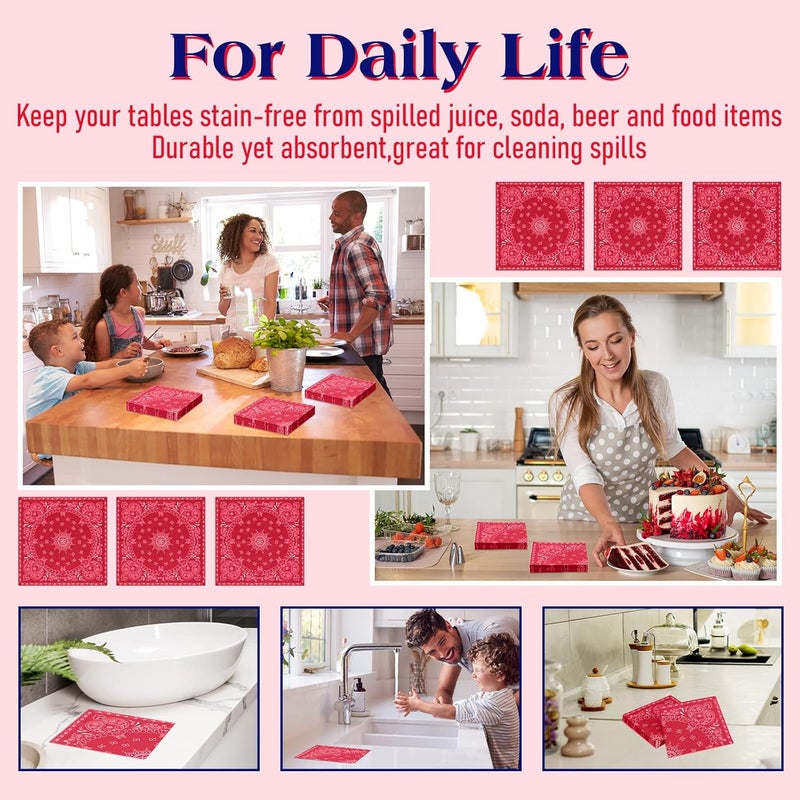 Teling Teling 200 Pcs 2 Ply Red Bandana Paper Napkins Western Party Napkins Bulk Disposable Paisley Print Bandana Napkin for Western Cowboy Theme Birthday Party Supplies Dinner Lunch 63  63  - Image 4