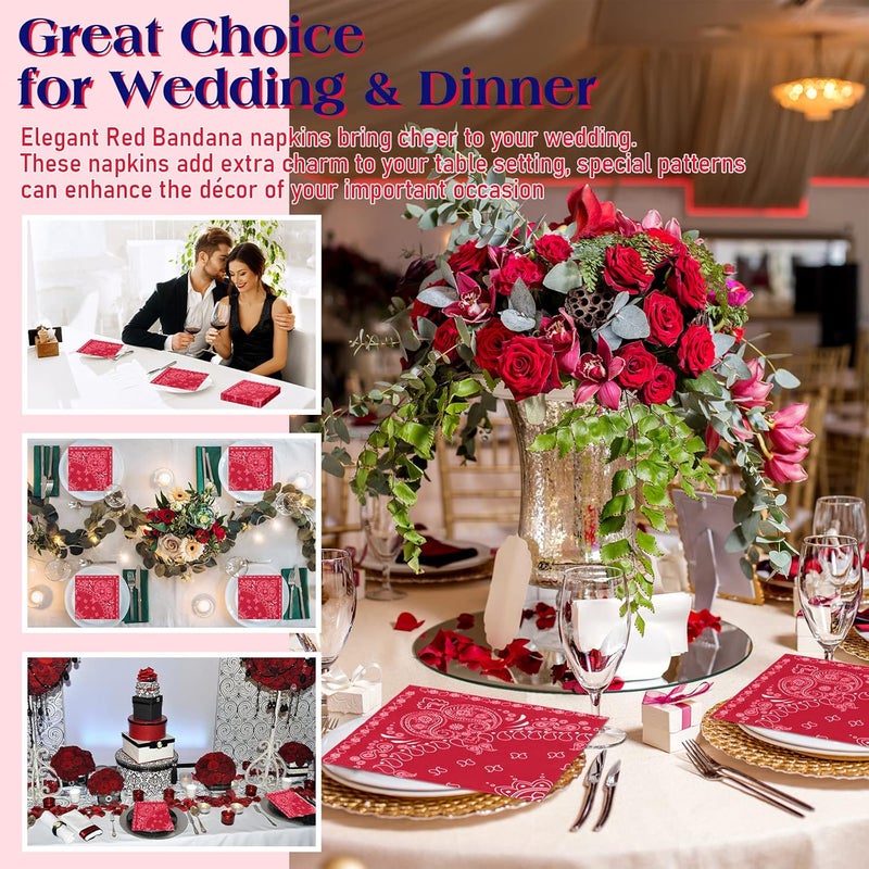 Teling Teling 200 Pcs 2 Ply Red Bandana Paper Napkins Western Party Napkins Bulk Disposable Paisley Print Bandana Napkin for Western Cowboy Theme Birthday Party Supplies Dinner Lunch 63  63  - Image 5