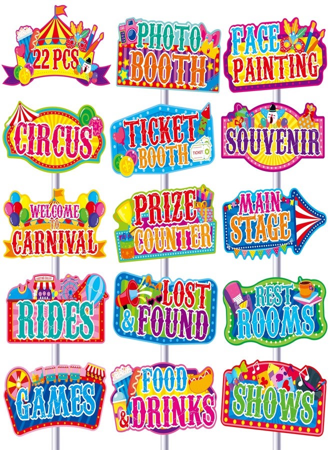 Gethelud 22 PCS Carnival Signs, Thick Cardstock Circus Theme Party Decoration Kit, Colorful Backdrop Sign for Fair, Amusement Park, Classroom Event, Carnival, Festival Decor - Image 1
