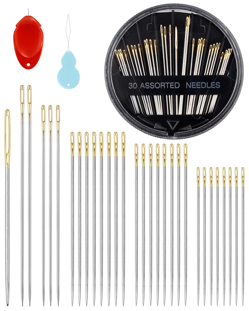 FIVEIZERO 30Count Steel Needles for Hand Sewing 6 Sizes Large Eye Embroidery and Hand Quilting Needles Kit with Threaders for Art Craft Projects