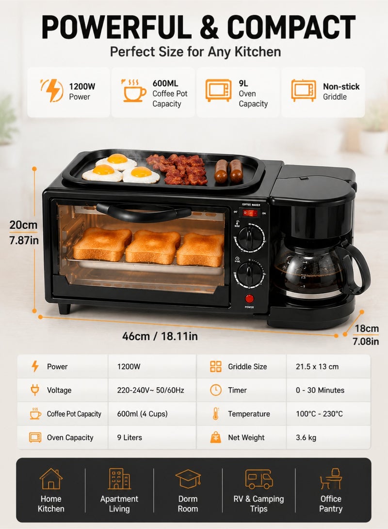 MYONE 3-in-1 Breakfast Station with Coffee Maker, Toaster Oven & Non-Stick Griddle | Compact Multifunction Breakfast Maker for Home, Apartment, Dorm & RV – Black - Image 3
