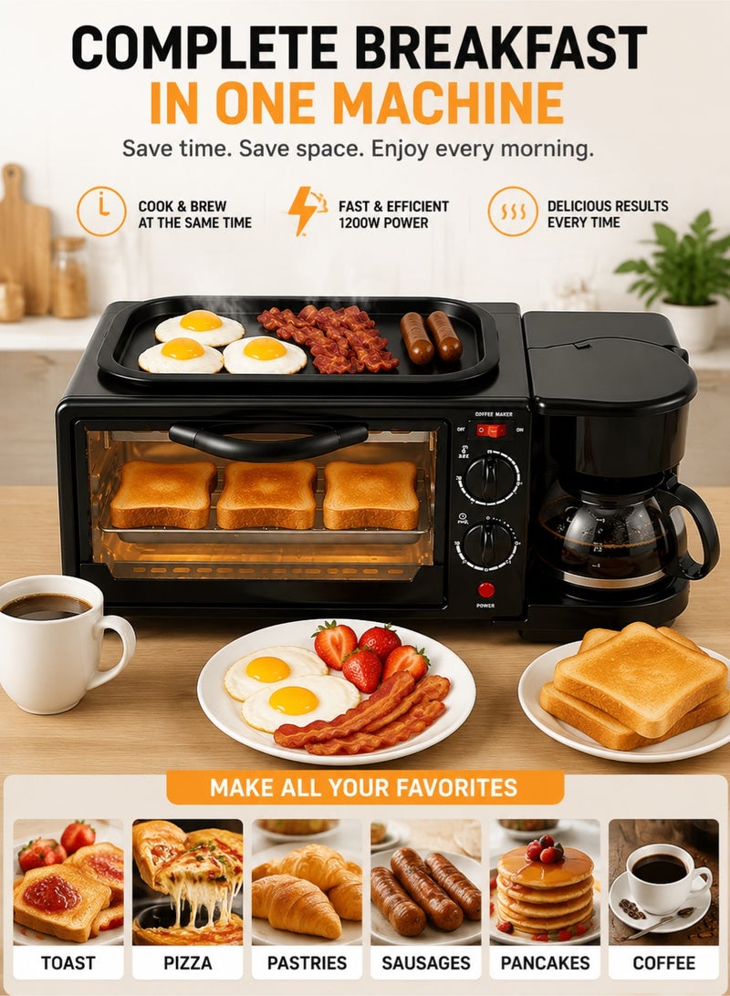 MYONE 3-in-1 Breakfast Station with Coffee Maker, Toaster Oven & Non-Stick Griddle | Compact Multifunction Breakfast Maker for Home, Apartment, Dorm & RV – Black - Image 4