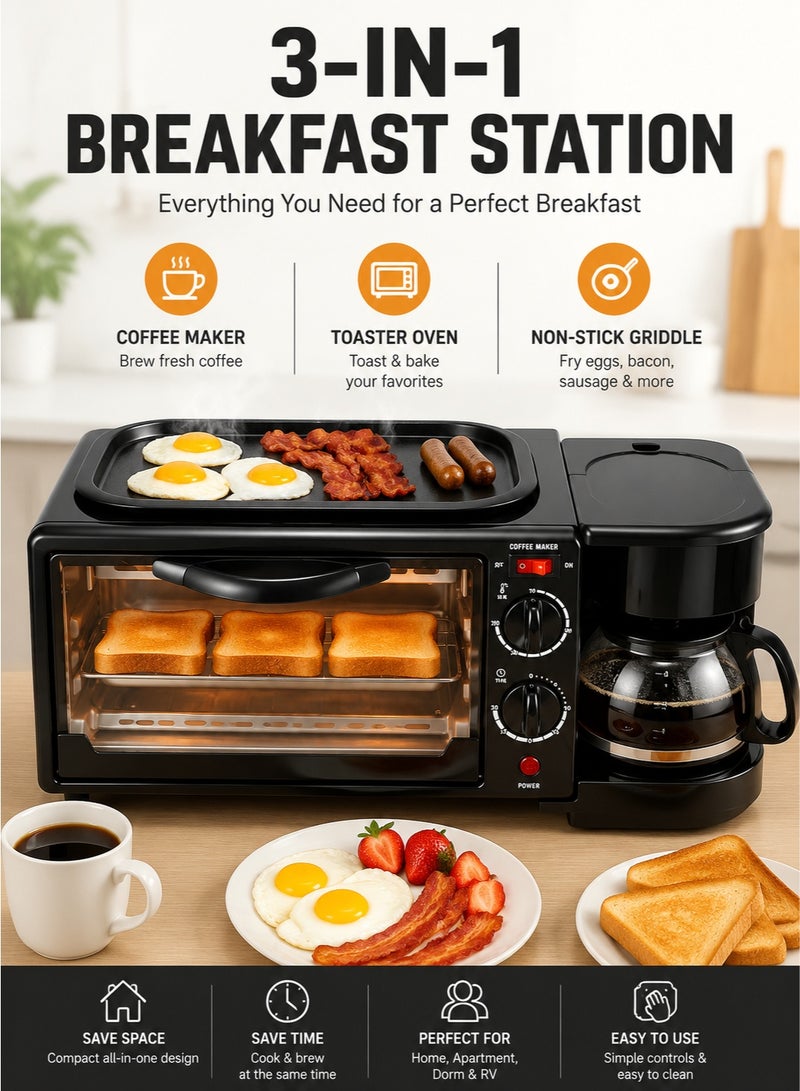 MYONE 3-in-1 Breakfast Station with Coffee Maker, Toaster Oven & Non-Stick Griddle | Compact Multifunction Breakfast Maker for Home, Apartment, Dorm & RV – Black - Image 1