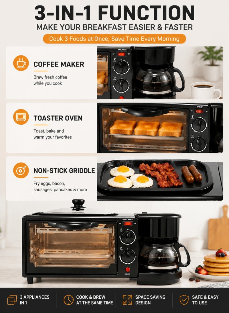 MYONE 3-in-1 Breakfast Station with Coffee Maker, Toaster Oven & Non-Stick Griddle | Compact Multifunction Breakfast Maker for Home, Apartment, Dorm & RV – Black - Image 2