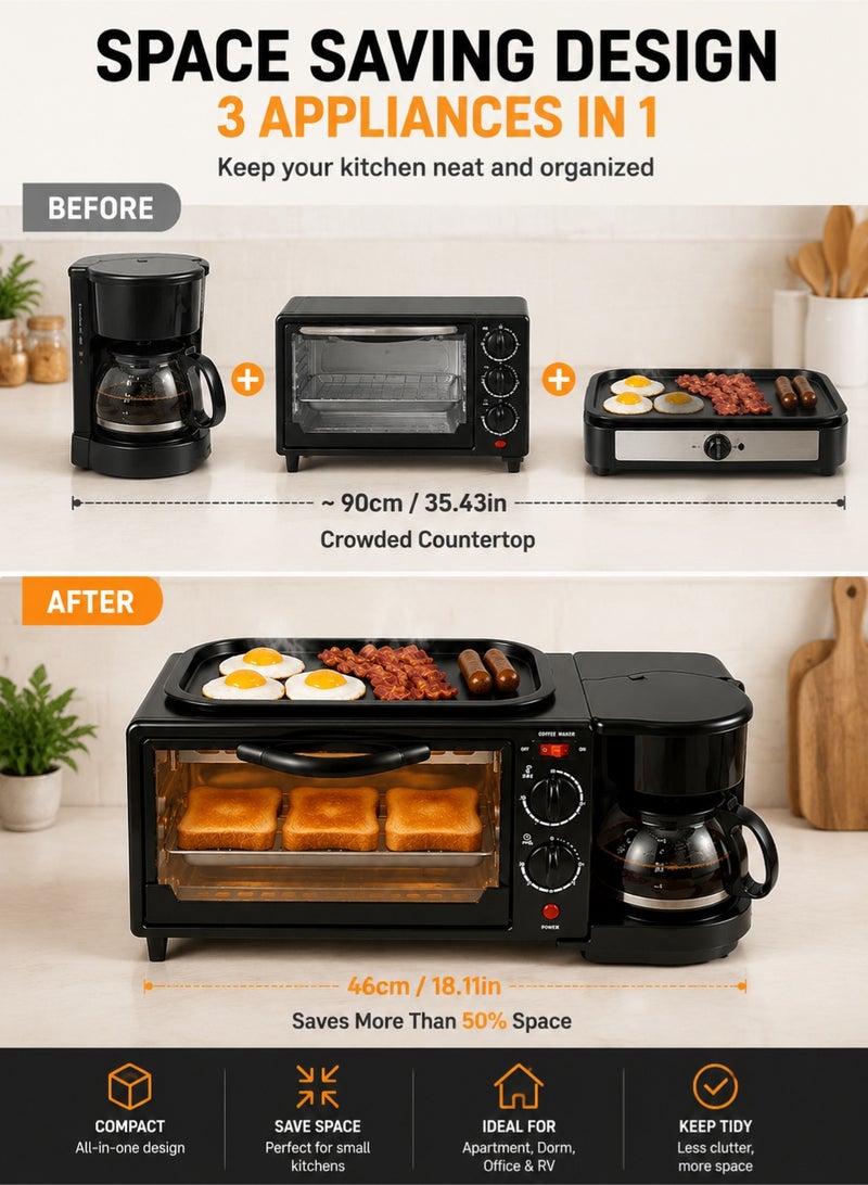 MYONE 3-in-1 Breakfast Station with Coffee Maker, Toaster Oven & Non-Stick Griddle | Compact Multifunction Breakfast Maker for Home, Apartment, Dorm & RV – Black - Image 5