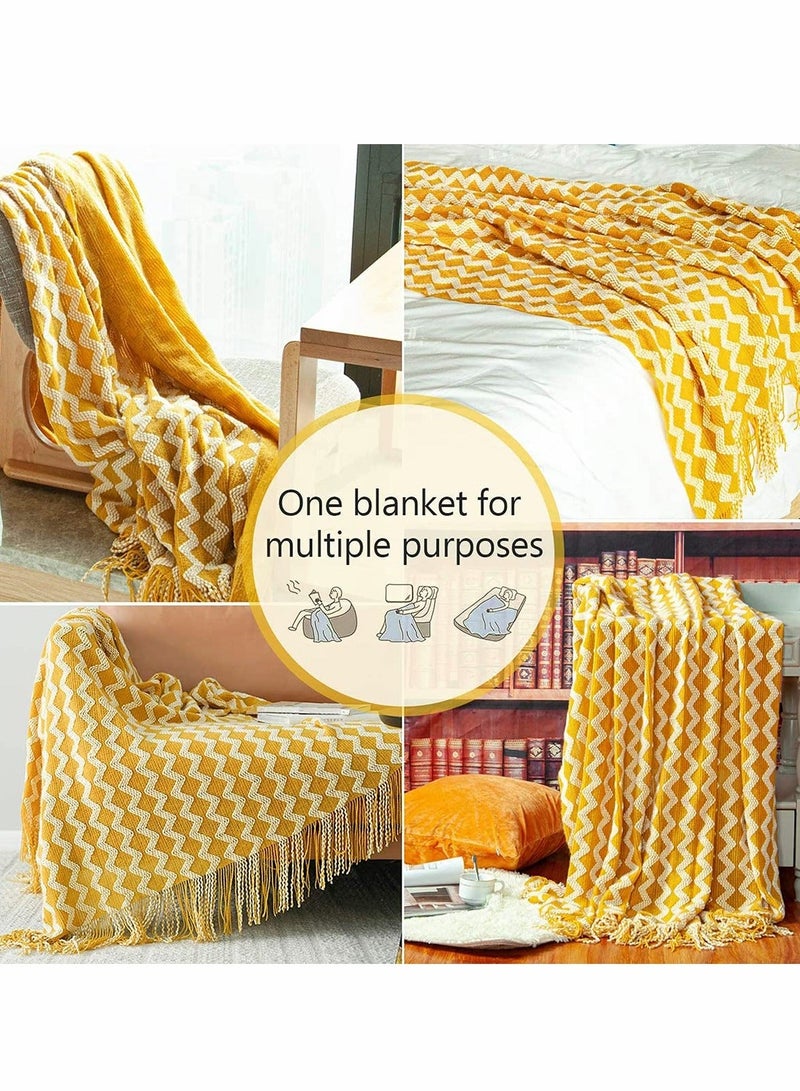 Acrylic Knitted Throw Blanket, Lightweight and Soft Decorative Woven Blanket with Tassels for Bed, Sofa, 51 x 67 Inches, Mustard Yellow Wave - Image 4