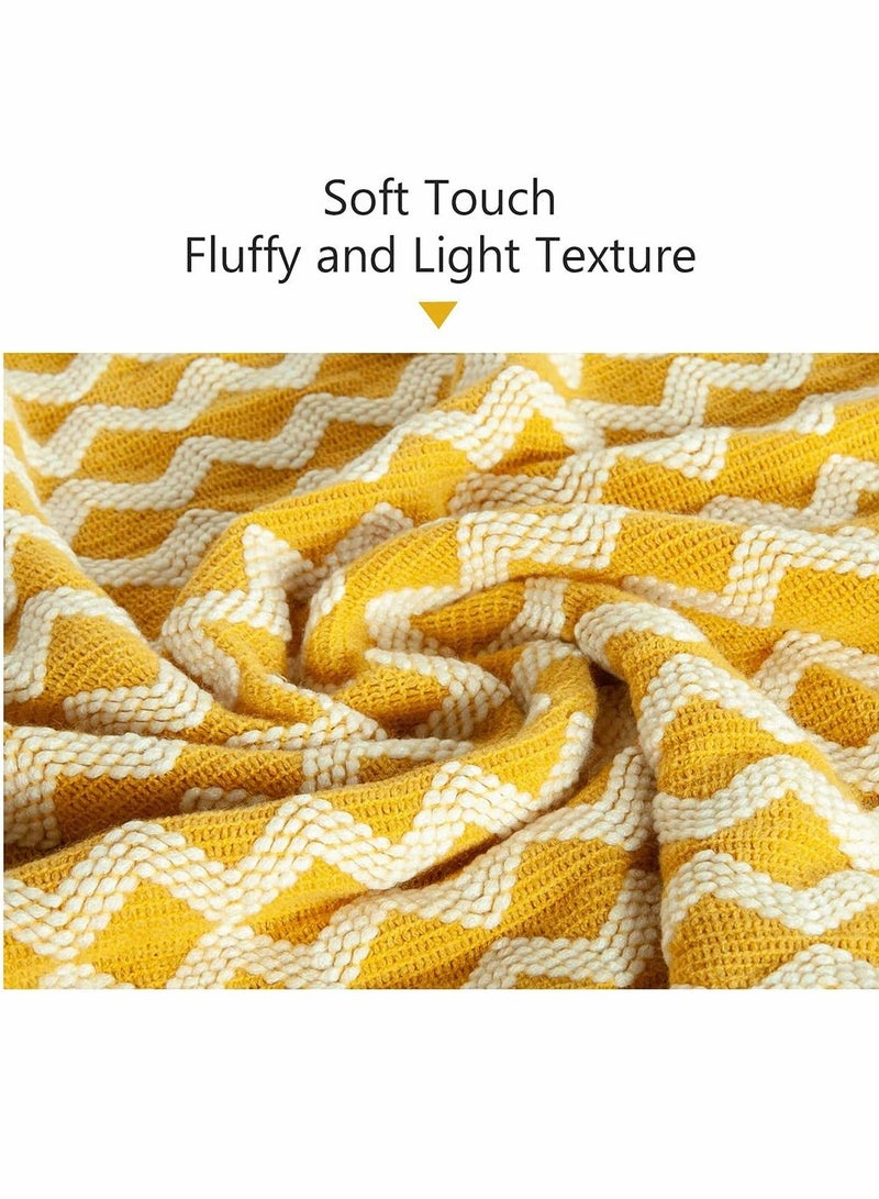 Acrylic Knitted Throw Blanket, Lightweight and Soft Decorative Woven Blanket with Tassels for Bed, Sofa, 51 x 67 Inches, Mustard Yellow Wave - Image 5