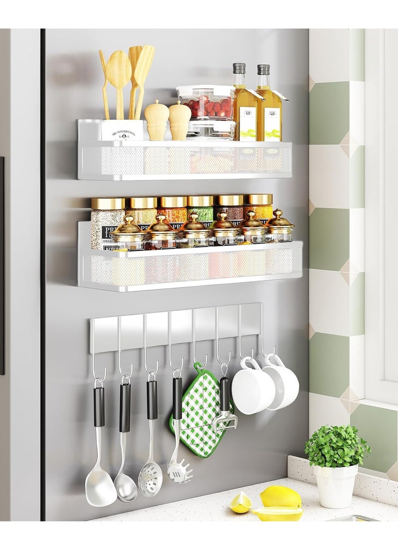 XiuWoo 3 Pack No Drilling Moveable Metal Magnetic Spice Rack, Refrigerator Magnetic Shelf, Fridge Organizer Shelves, Kitchen Storage Rack with 8 Hooks, Traceless Adhesive Sticker Installation Chose  - Image 1