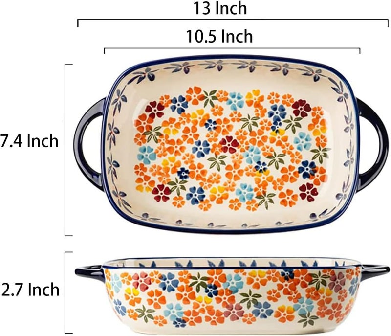 Bicuzat Colorful Cherry Blossom Flowers Vintage Style Ceramic Bakeware Dish Casserole Dish Baking Pan Lasagna Pans with Handles for Oven/Cooking/Kitchen, 1 PCS, 60 oz - Image 2