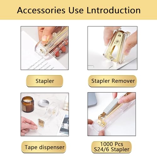 suniya Office Supplies Gold Desk Accessories Set Office Supplies Kit with Stapler, Tape Dispenser, Scissors, Staple Remover, Ballpoint Pen, Clear Tape & Staples – Best Gift for Business or Boss - Image 2