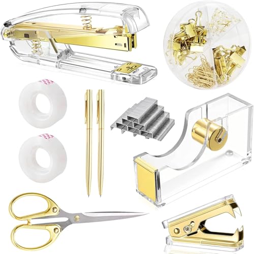 suniya Office Supplies Gold Desk Accessories Set Office Supplies Kit with Stapler, Tape Dispenser, Scissors, Staple Remover, Ballpoint Pen, Clear Tape & Staples – Best Gift for Business or Boss - Image 1