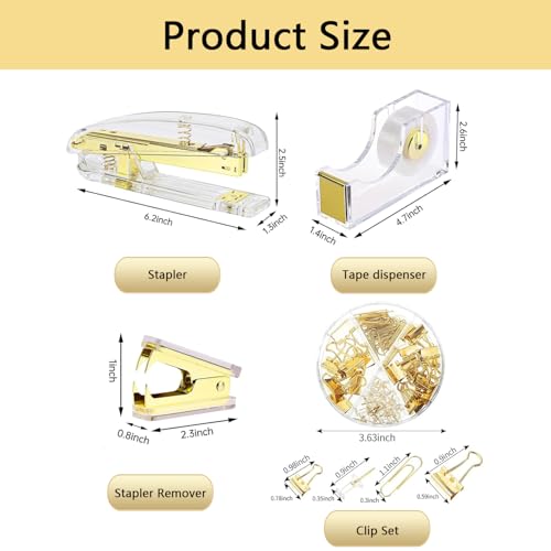 suniya Office Supplies Gold Desk Accessories Set Office Supplies Kit with Stapler, Tape Dispenser, Scissors, Staple Remover, Ballpoint Pen, Clear Tape & Staples – Best Gift for Business or Boss - Image 5