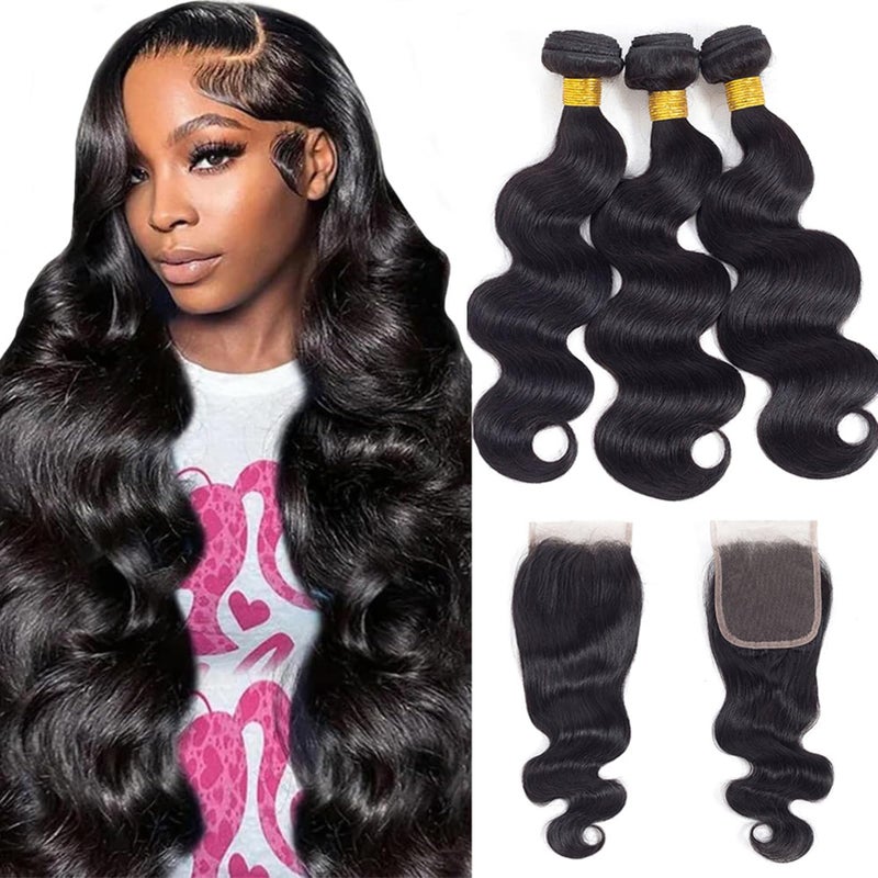 12A Body Wave Bundles with Closure Human Hair 24 26 2822 100 Unprocessed Brazilian Virgin Human Hair Bundles with 4x4 Lace Closure Free Part Natural Color