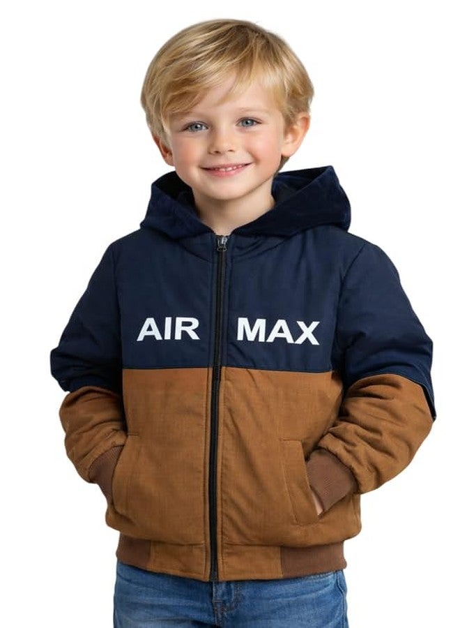 Krystle Kids Winter Hooded Jacket for Boys | Full Sleeve Warm Padded Jacket | Soft Inner Lining | Front Zip Closure | Navy Blue & Brown (6-7 Years) - Image 1