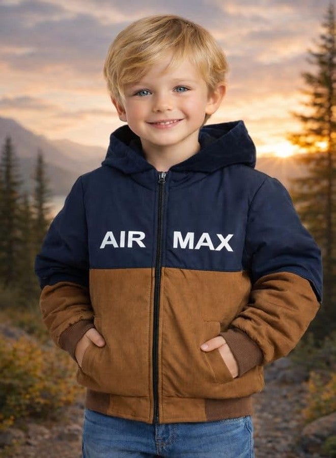Krystle Kids Winter Hooded Jacket for Boys | Full Sleeve Warm Padded Jacket | Soft Inner Lining | Front Zip Closure | Navy Blue & Brown (6-7 Years) - Image 3