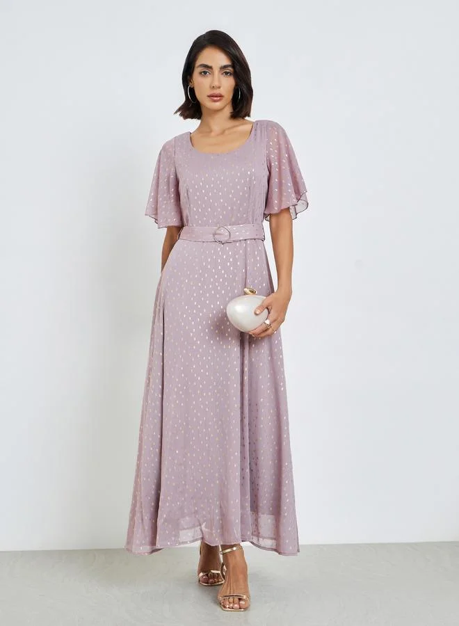 Lilac Foil Print Maxi Dress with Belt