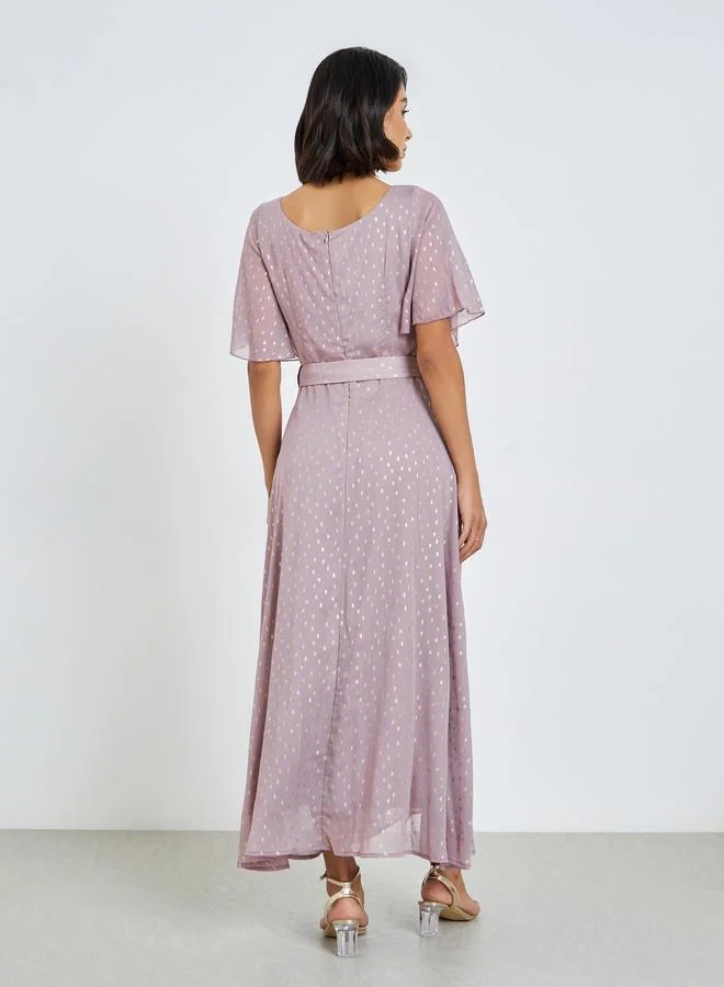 Styli  Lilac Foil Print Maxi Dress with Belt for Women | Best Price UAE