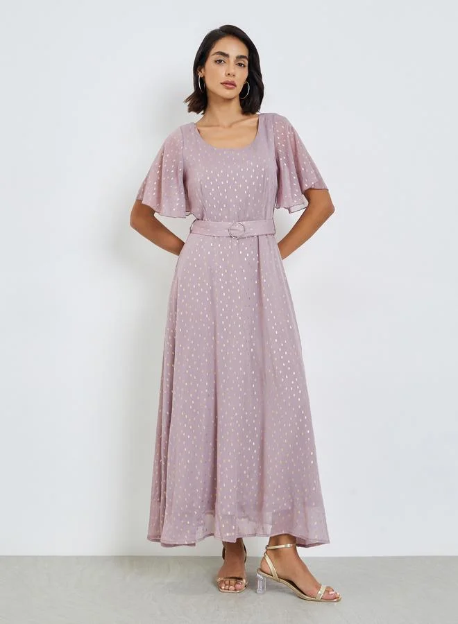 Styli  Lilac Foil Print Maxi Dress with Belt for Women | Best Price UAE