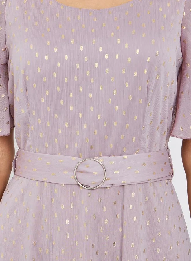 Styli  Lilac Foil Print Maxi Dress with Belt for Women | Best Price UAE