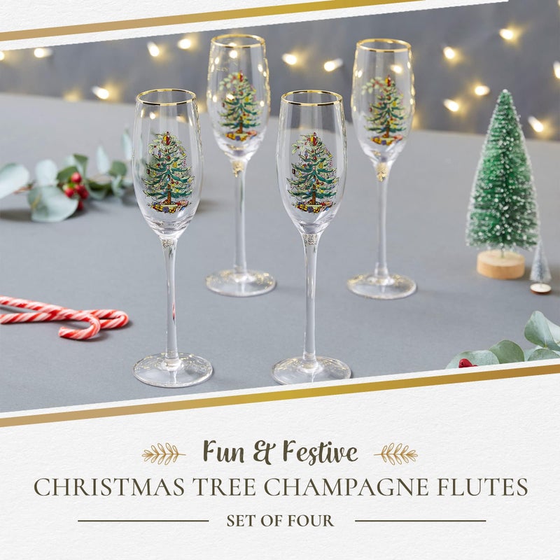 Spode Christmas Tree Gold 8.5oz Champagne Flutes (Set of 4) - Gold Rimmed Glasses, Festive Holiday Drinkware for Christmas Dinner, Wedding Gifts - Classic Holiday Glassware for Wine & Minosas - Image 2