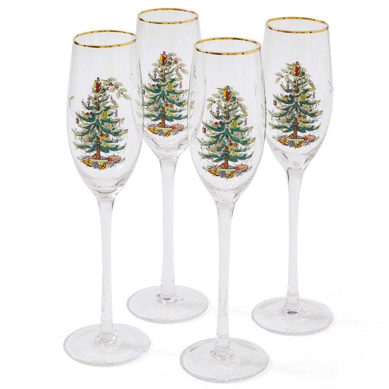 Spode Christmas Tree Gold 8.5oz Champagne Flutes (Set of 4) - Gold Rimmed Glasses, Festive Holiday Drinkware for Christmas Dinner, Wedding Gifts - Classic Holiday Glassware for Wine & Minosas - Image 1