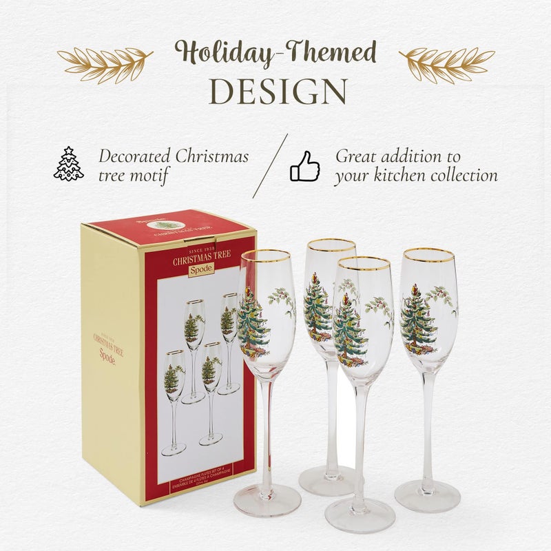 Spode Christmas Tree Gold 8.5oz Champagne Flutes (Set of 4) - Gold Rimmed Glasses, Festive Holiday Drinkware for Christmas Dinner, Wedding Gifts - Classic Holiday Glassware for Wine & Minosas - Image 3
