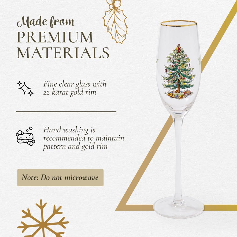 Spode Christmas Tree Gold 8.5oz Champagne Flutes (Set of 4) - Gold Rimmed Glasses, Festive Holiday Drinkware for Christmas Dinner, Wedding Gifts - Classic Holiday Glassware for Wine & Minosas - Image 4