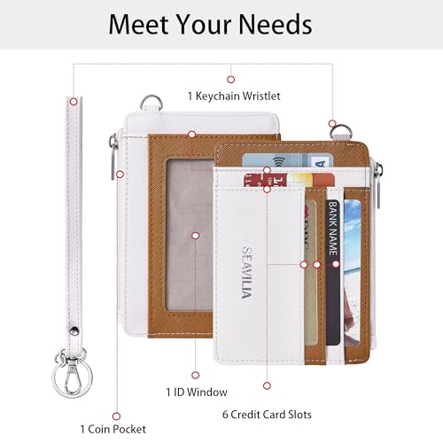 SEAVILIA Small Wallet for Women Slim Wristlet Keychain Wallets RFID Credit Card Holder With Zipper Pocket, ID Window (Beige＆Brown) - Image 2