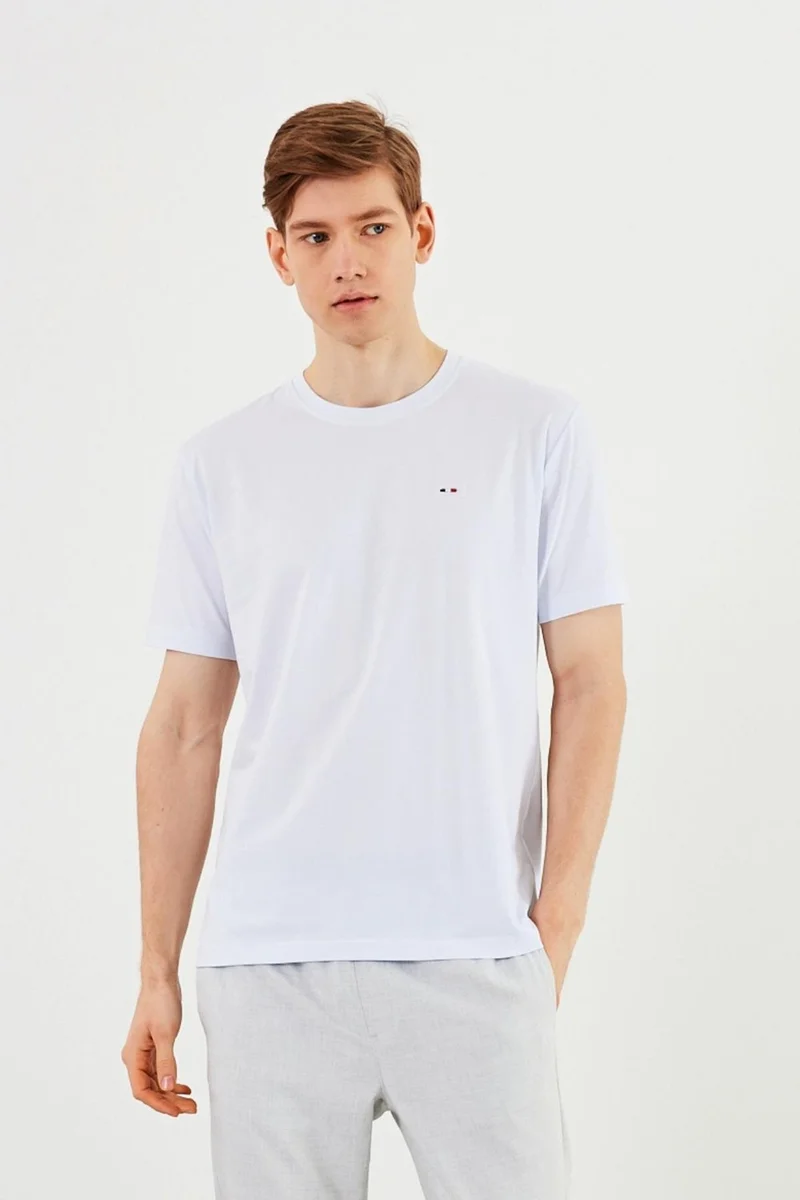 mmetalic Men's Crew Neck T-Shirt 100% Cotton Basic White T-Shirt with Embroidery Detail