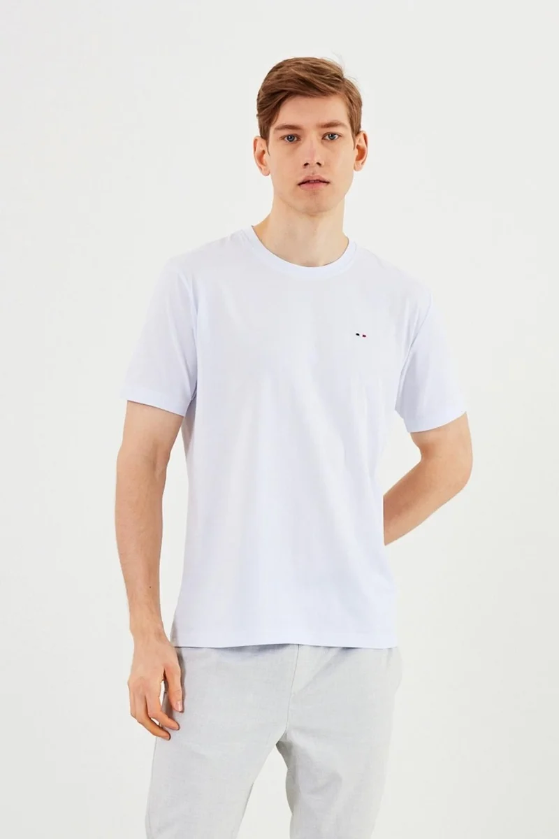 mmetalic Men's Crew Neck T-Shirt 100% Cotton Basic White T-Shirt with Embroidery Detail