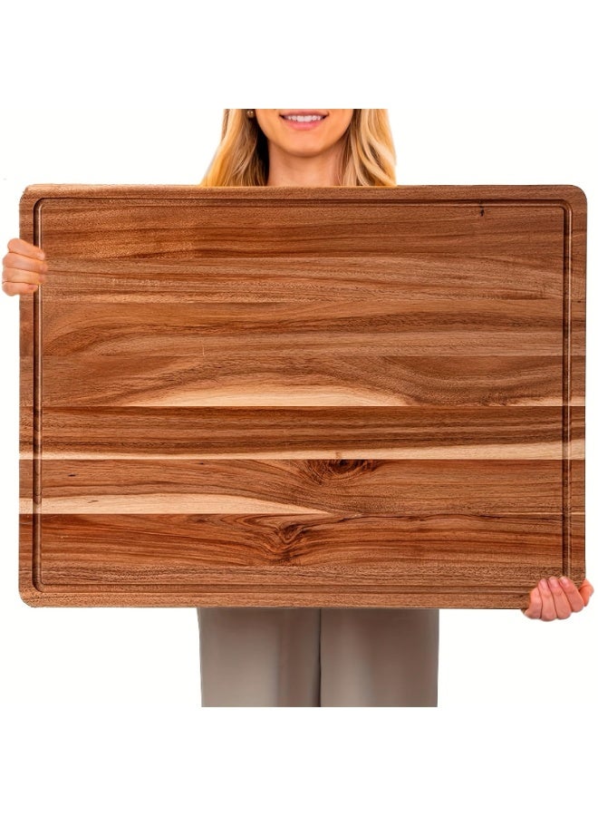 Acacia Wood Cutting Board 24"x18", Extra Large Butcher Block with Juice Groove and Handles - Image 2