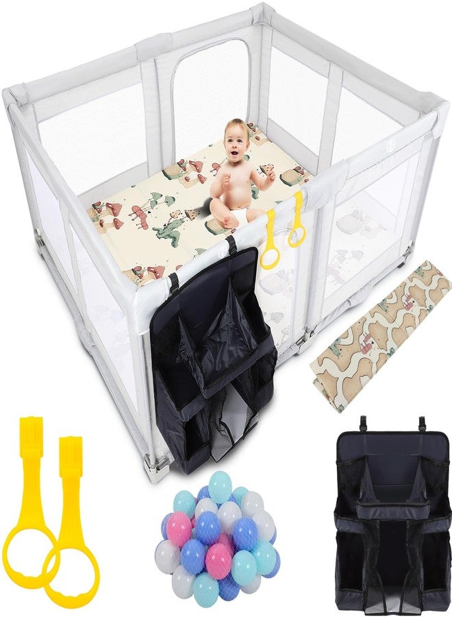 FAHKNS Foldable Baby Playpen, Playpen for Babies and Toddlers, 47x47 Inch No Assembly Required Baby Fence Play Area with Crawling Mats and 50 Ocean Balls, Anti-Fall Safety PlayPen with Soft Breathable Mesh - Image 1