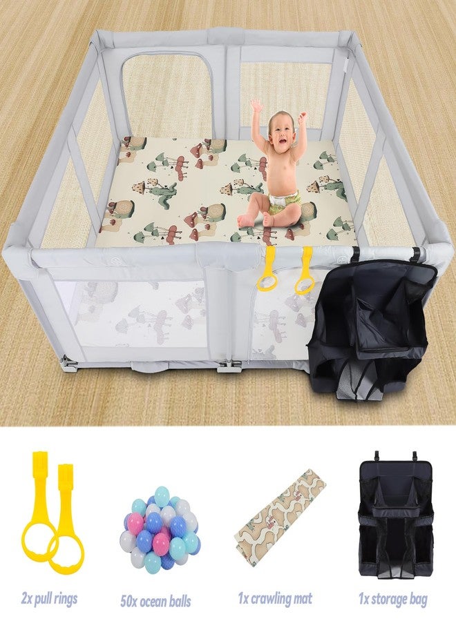 FAHKNS Foldable Baby Playpen, Playpen for Babies and Toddlers, 47x47 Inch No Assembly Required Baby Fence Play Area with Crawling Mats and 50 Ocean Balls, Anti-Fall Safety PlayPen with Soft Breathable Mesh - Image 2