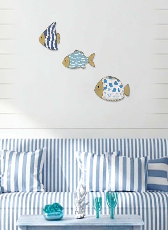 Bnesi 3 Pcs Wooden Fish Wall Art Decor Coastal Lake House Decor Wall Art Beach Theme Fish Wall Sculpture Vintage Lake Ocean Decor Ornaments for Home Bathroom Bedroom Living Room (Modern, Blue, Medium) - Image 2