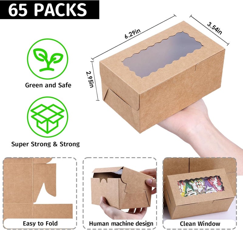 Ybaoo 65 PCS Kraft Bakery Boxes with Window 6.29x3.54x2.95 Inches Cookie Boxes Small Pastry Boxes for Candy, Cupcake Boxes,Candy Box,Cake Boxes,Treat Boxes,Dessert Boxes,Small Gift Box for Party(Kraft) - Image 3