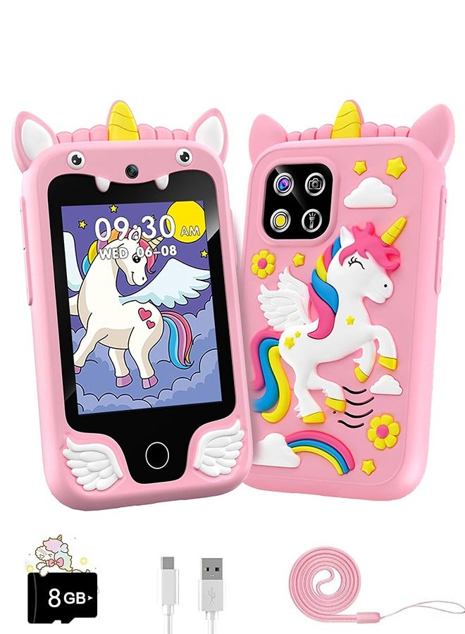 Kids Smart Phone Toys for Girls and Boys Ages 3-10 Toddler Play Toys with Dual Camera Educational Learning Games Puzzles MP3 Music Player Birthday Gifts for Kids Girls and Boys / Birthday Unicorns Gift Toys for Children 3 4 5 6 7 8 Year Old (Pink / 8GB SD Card)  - Image 1