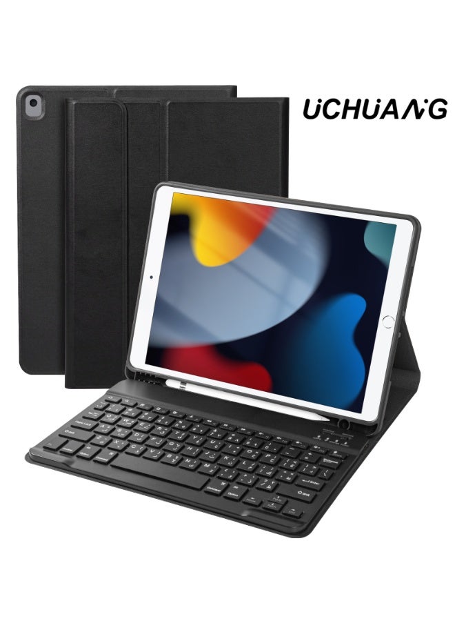 أوتشوانغ Tablet Keyboardsحافظة لوحة مفاتيح لأجهزة آيباد 9/8/7 الجيل التاسع 10.2 بوصة / آيباد إير 3/آيباد برو 10.5 بوصة، مع لوحة مفاتيح بلوتوث عربية، وحامل قلم رصاص مدمج، وحافظة لوحة مفاتيح قابلة للفصل - أسود - Image 1