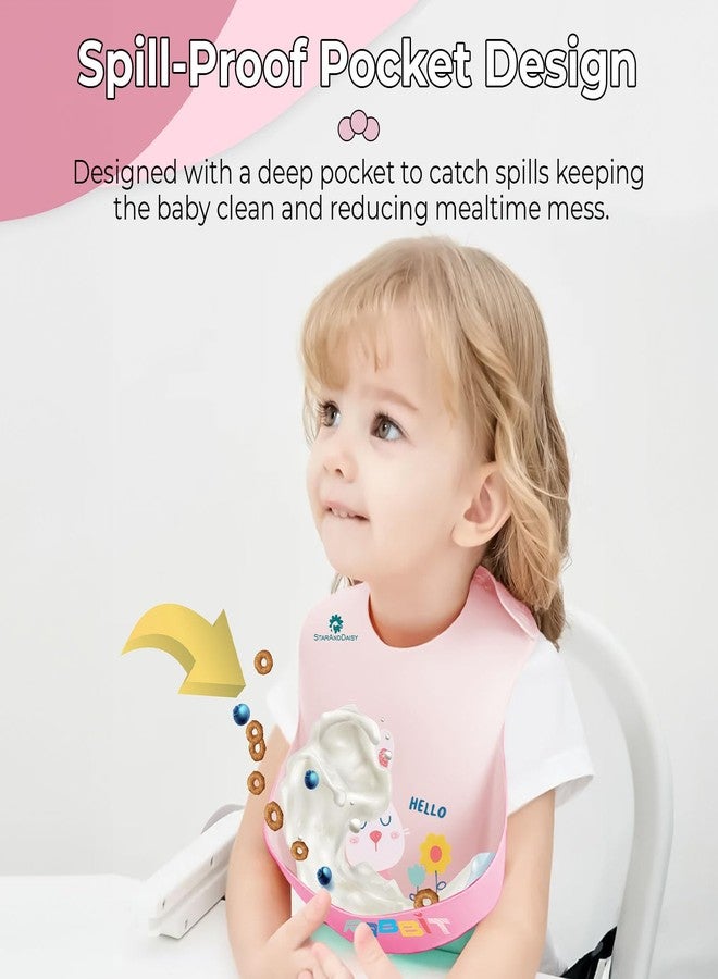 StarAndDaisy Reusable Silicone Bib for Baby with Adjustable Buttons for Mess-Free Feeding, Weaning, and Easy Cleaning and Waterproof. (Printed-Rabbit-Pink) - Image 2