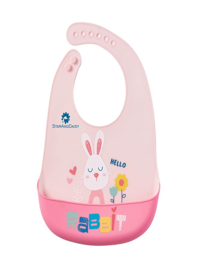 StarAndDaisy Reusable Silicone Bib for Baby with Adjustable Buttons for Mess-Free Feeding, Weaning, and Easy Cleaning and Waterproof. (Printed-Rabbit-Pink) - Image 1