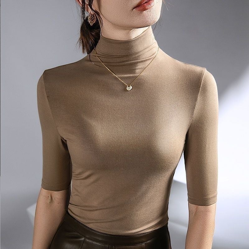 High-end Slimming Half-high Collar Half-sleeve T-shirt Women's Design Sense Niche New Slim-fit Base Shirt Mid-sleeve Top