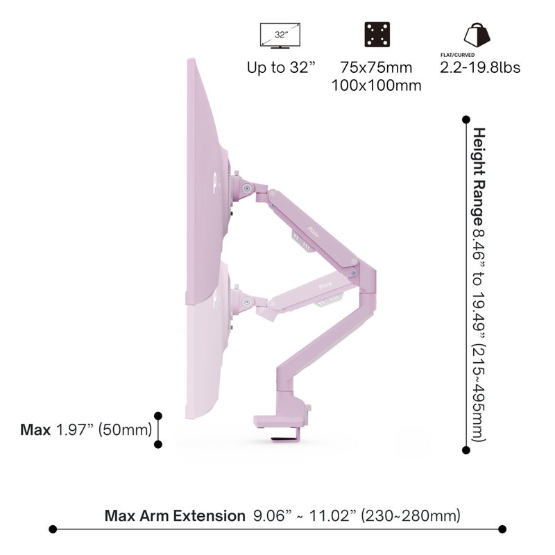 Pixio PS1S Wave Pink Single Monitor Arm Stand Desk Mount - Fits up to 32 inches Monitors and up to 19.8lbs. VESA Compatibility and Integrated Cable Management - Image 4