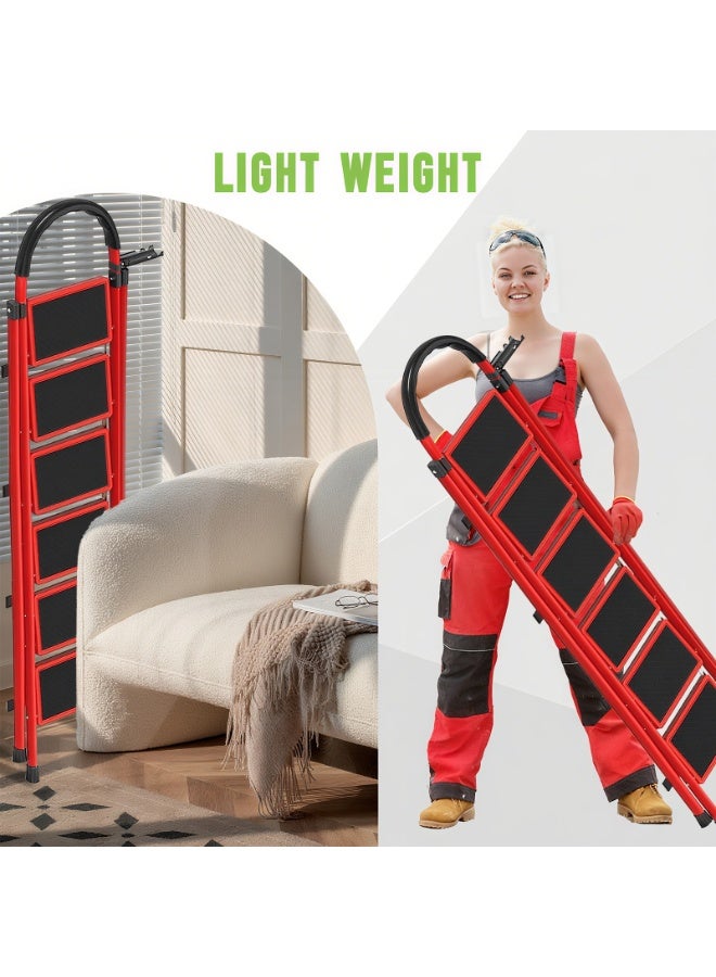Apexll Sturdy 6-Step Folding Ladder with Tool Holder, Anti-Slip Pedal, Portable Iron Step Stool for Kitchen, Household, Indoor & Outdoor Use - Image 3