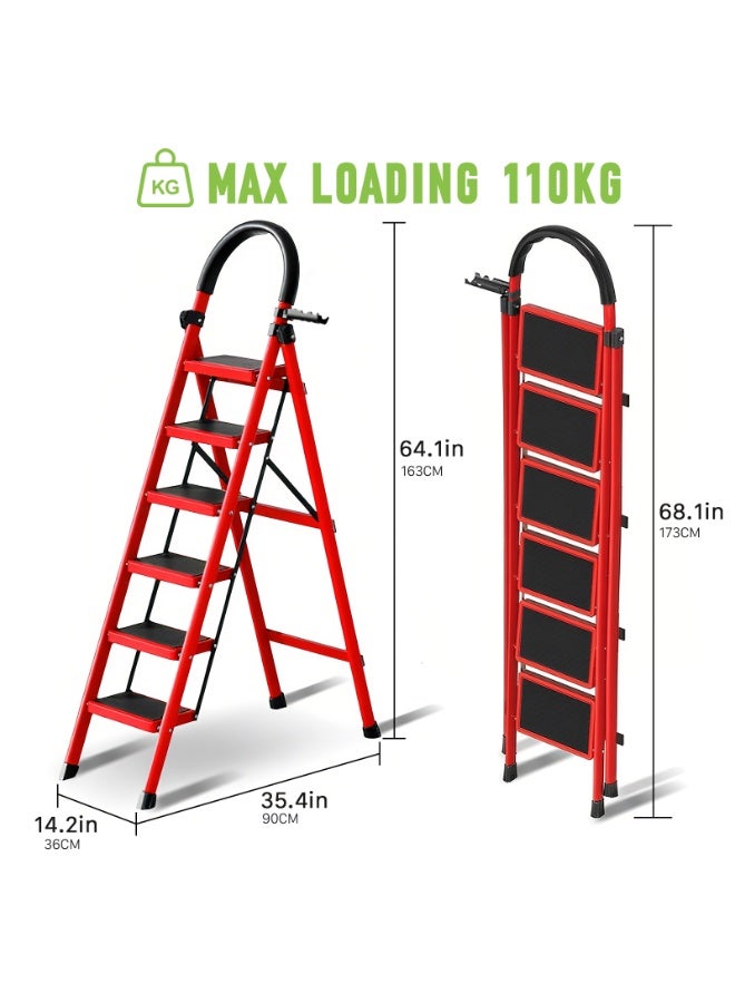 Apexll Sturdy 6-Step Folding Ladder with Tool Holder, Anti-Slip Pedal, Portable Iron Step Stool for Kitchen, Household, Indoor & Outdoor Use - Image 2