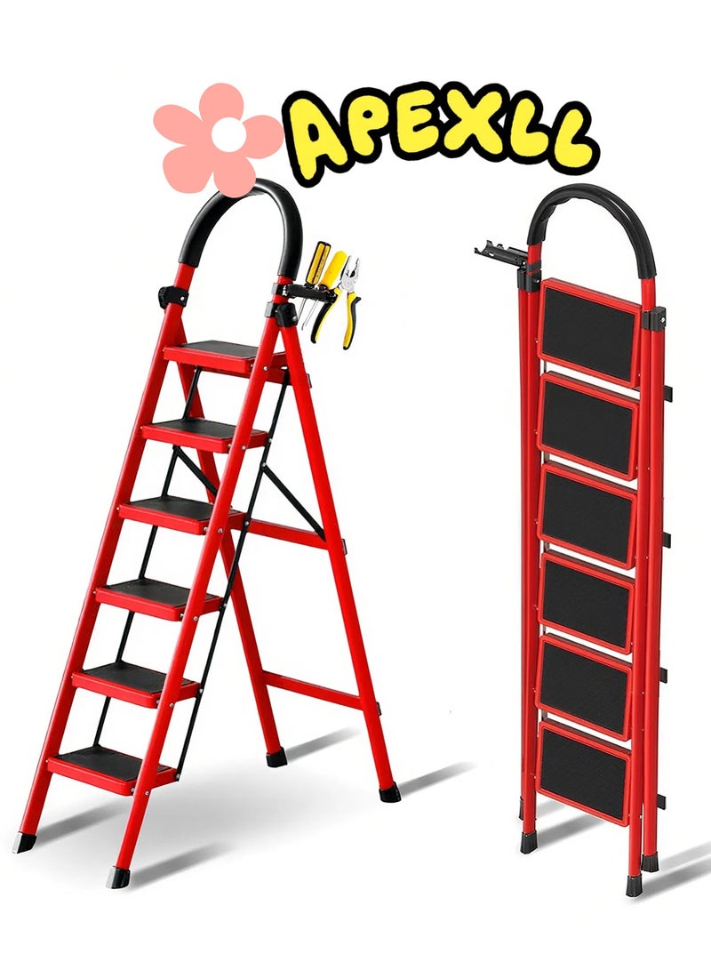 Apexll Sturdy 6-Step Folding Ladder with Tool Holder, Anti-Slip Pedal, Portable Iron Step Stool for Kitchen, Household, Indoor & Outdoor Use - Image 1