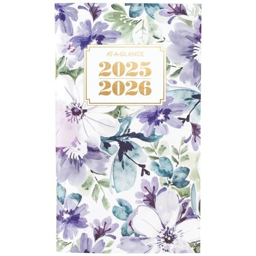 AT-A-GLANCE 2025-2026 Planner, 3-1/2" x 6", Pocket Size, 2 Year Monthly Planner, Badge, Floral (1722F-021-25) - Image 1