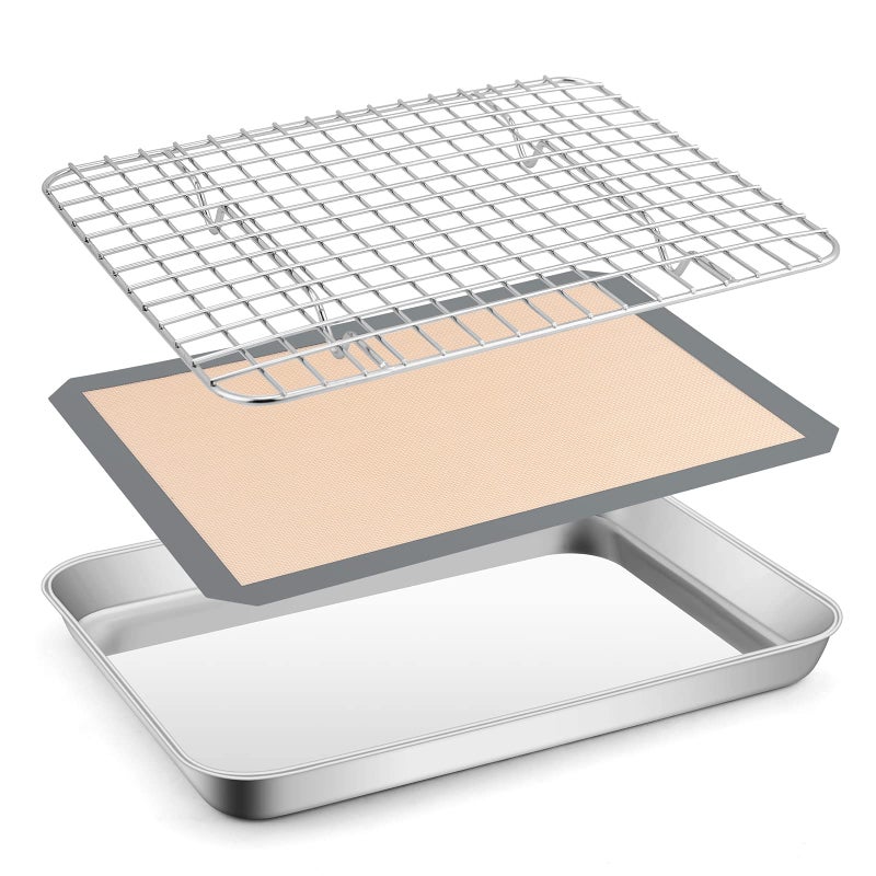 Toaster Oven Baking Sheet Set Efar 105x83 Small Stainless Steel Cookie Sheet Pan with Wire Rack  Silicone Mat for Cooking Broiling Rimmed Metal Tray Roasting Cooling Bacon Steak